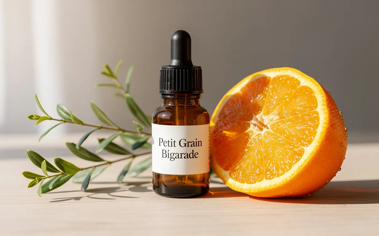 Un flacon ambré d’huile essentielle de petit grain bigarade est posé près d’une tranche d’orange amère et d’un brin de feuilles vertes sur une surface en bois éclairée par une lumière douce.