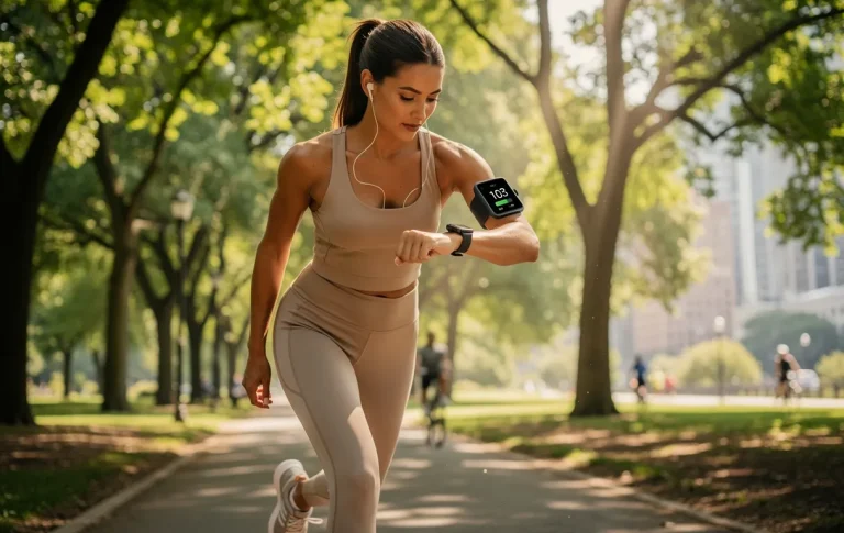 Une jeune femme en tenue de sport consulte sa montre connectée en marchant dans un parc verdoyant sous la lumière du soleil.