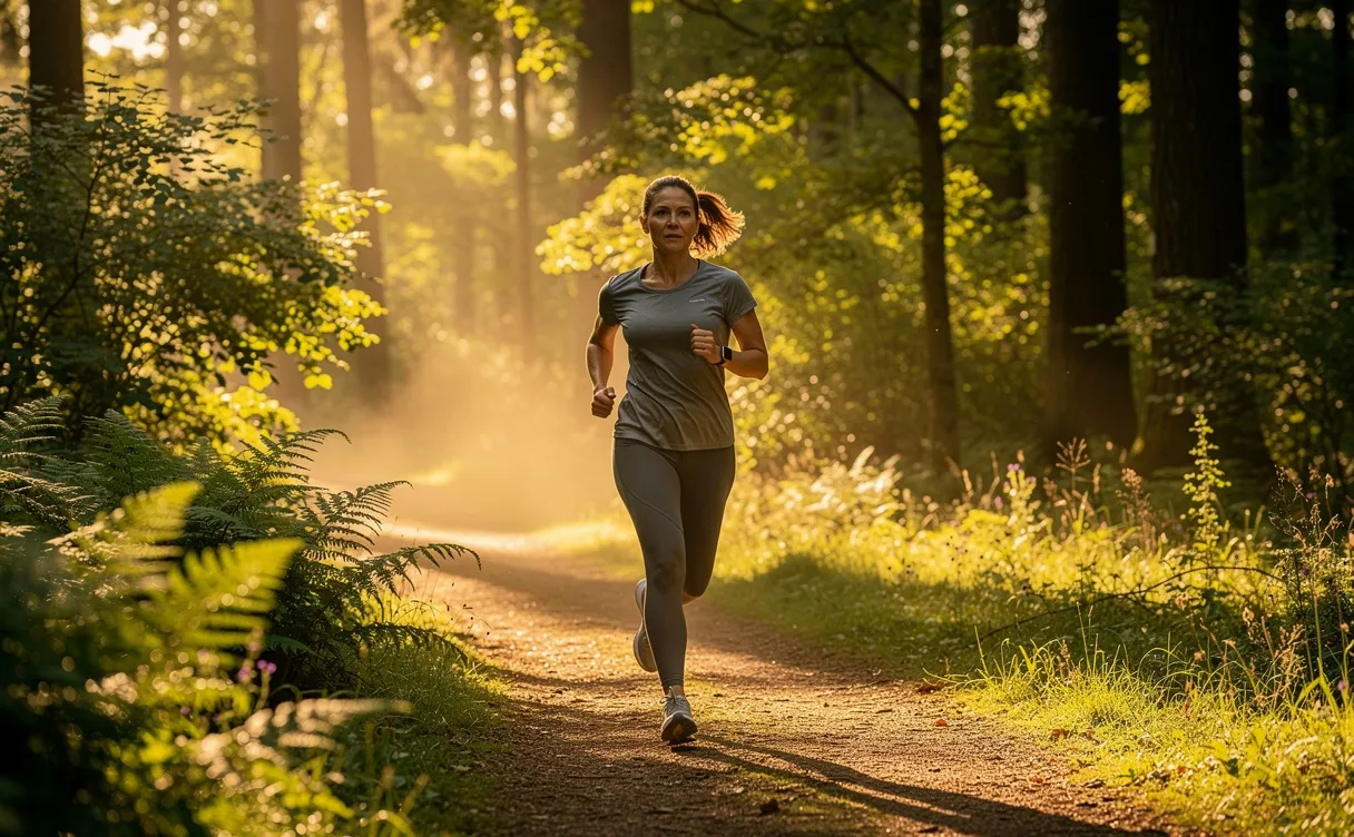 Une femme sportive court sur un sentier forestier au lever du soleil, entourée de verdure et de brume matinale.