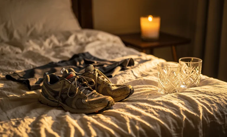 Des vêtements de sport et des chaussures de course sont posés sur un lit défait à côté d’une bougie allumée et de deux verres vides, dans une lumière dorée douce.