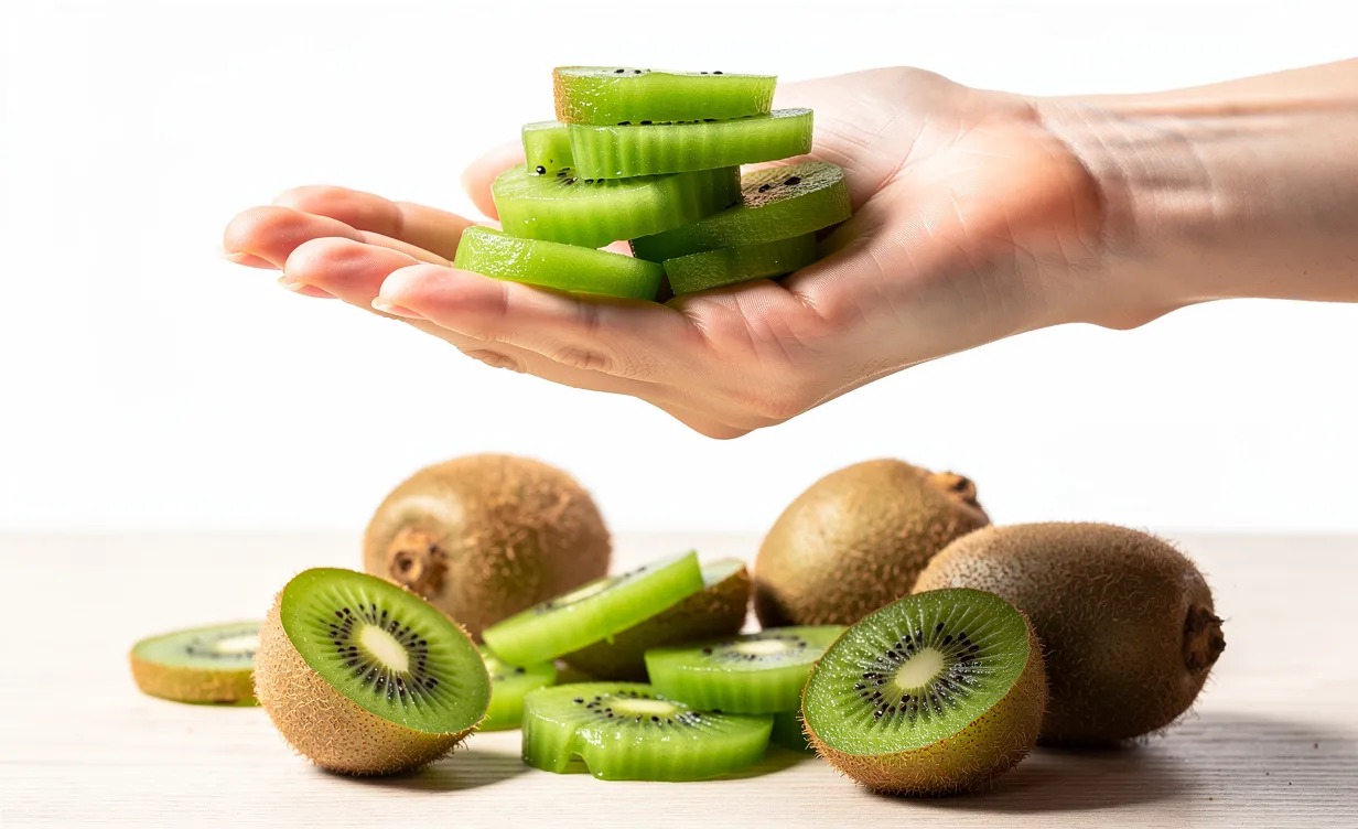 Une main tient des rondelles de kiwi au-dessus d’une table en bois où reposent d’autres kiwis entiers et tranchés, sur fond blanc lumineux.
