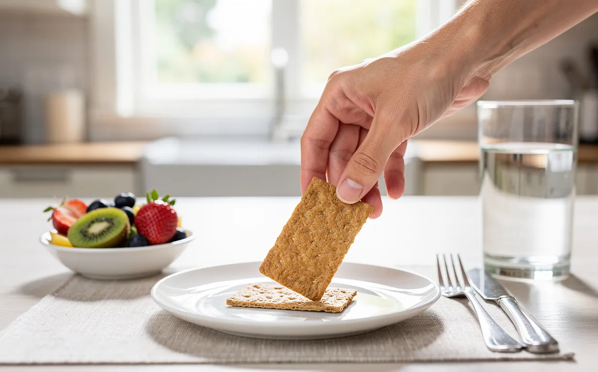 Une main saisit un craquelin Wasa sur une table de petit-déjeuner avec des fruits frais et un verre d’eau, dans une cuisine baignée de lumière naturelle.