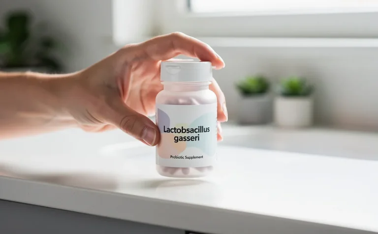 Une main tient délicatement un flacon de gélules de Lactobacillus gasseri au-dessus d’un comptoir de salle de bain éclairé, avec des touches de verdure en arrière-plan.