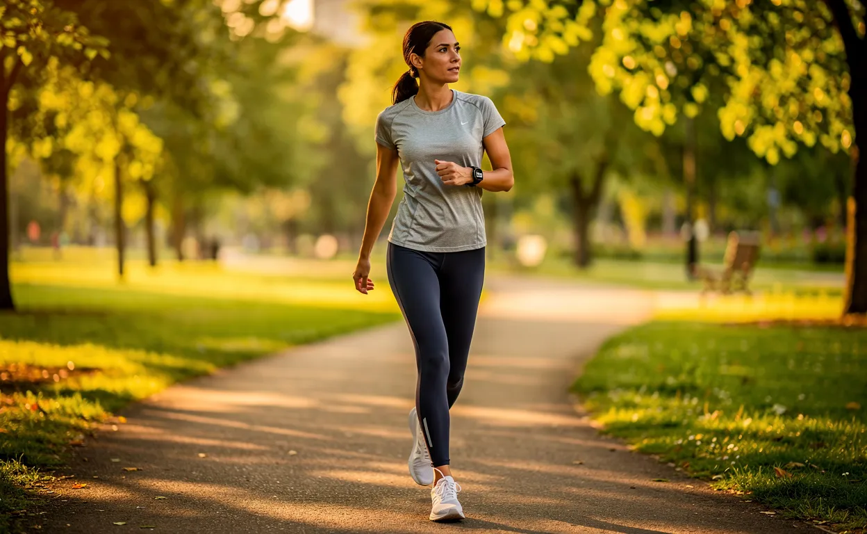 Une femme sportive marche d’un pas soutenu dans un parc verdoyant au coucher du soleil, portant un compteur de pas affichant 12 000.