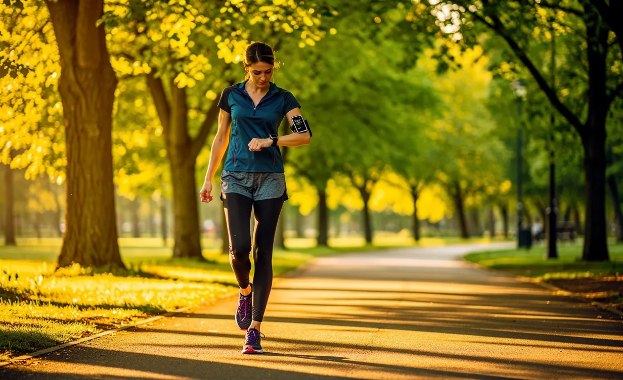 Une personne marche seule sur un chemin bordé d’arbres dans un parc au lever du soleil, vêtue de vêtements de sport et consultant sa montre connectée.