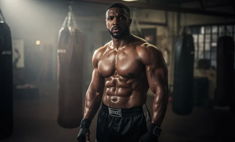 Un homme torse nu, ressemblant à Michael B. Jordan, pose dans une salle de boxe sombre avec la lumière révélant sa musculature.