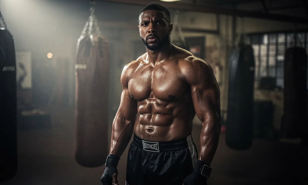 Un homme torse nu, ressemblant à Michael B. Jordan, pose dans une salle de boxe sombre avec la lumière révélant sa musculature.