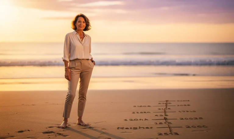 Nathalie Simon se tient sur une plage au coucher du soleil avec des dates importantes inscrites dans le sable mouillé à côté d’elle.