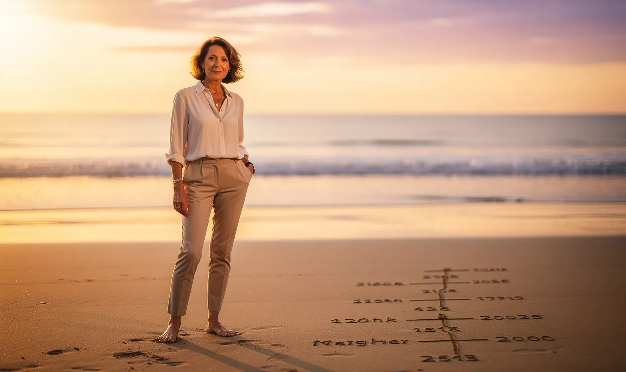 Nathalie Simon se tient sur une plage au coucher du soleil avec des dates importantes inscrites dans le sable mouillé à côté d’elle.