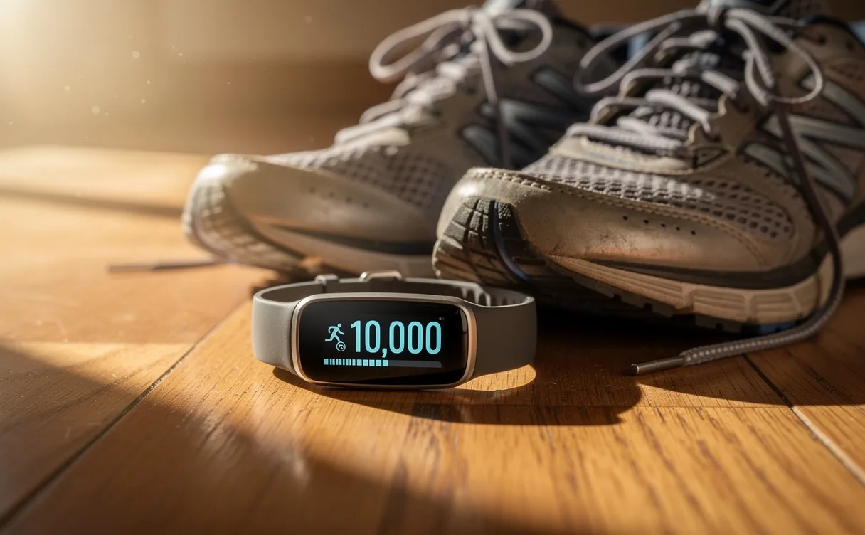 Un tracker de fitness affichant 10 000 pas repose à côté de chaussures de sport sur un parquet éclairé par la lumière du matin.