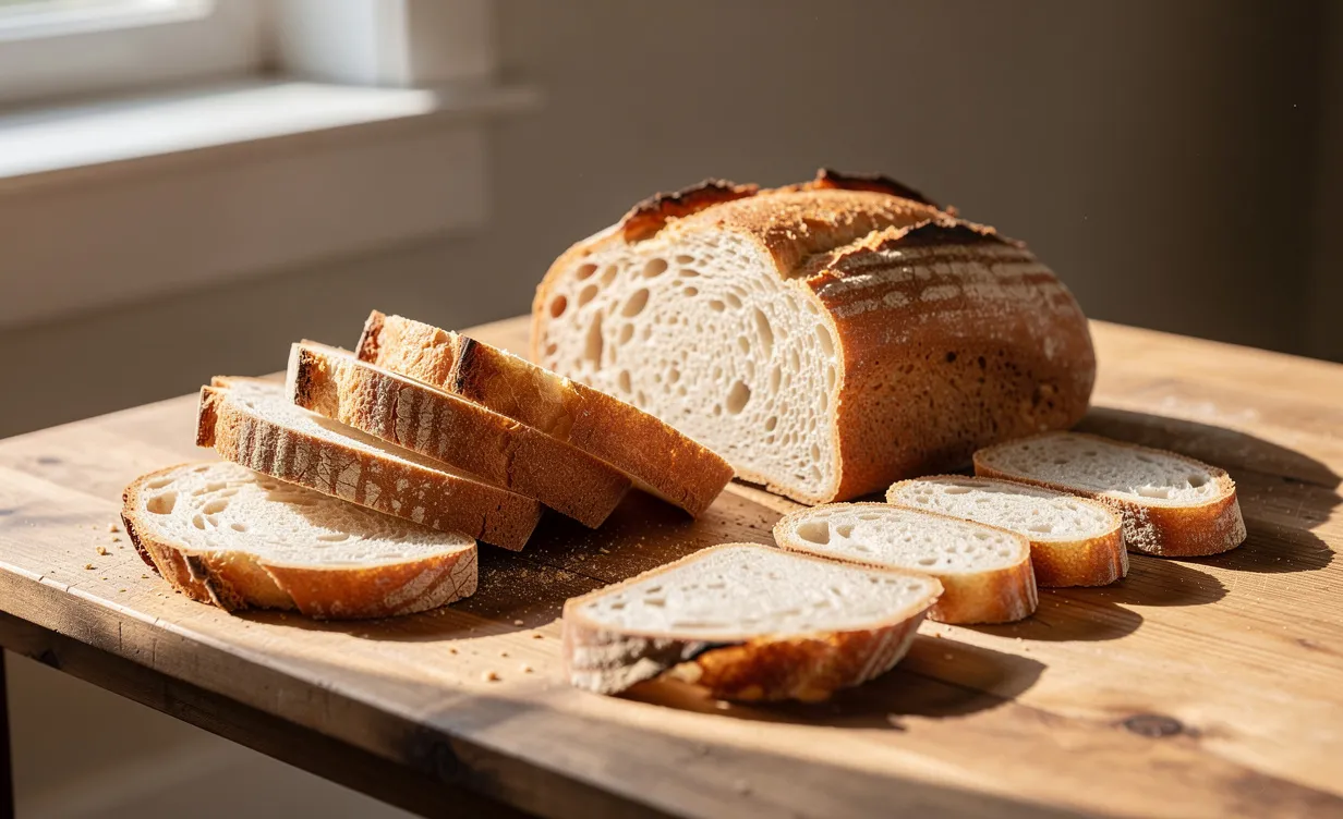 Pain fraîchement tranché disposé sur une table en bois, avec différentes portions alignées sous une lumière matinale douce.