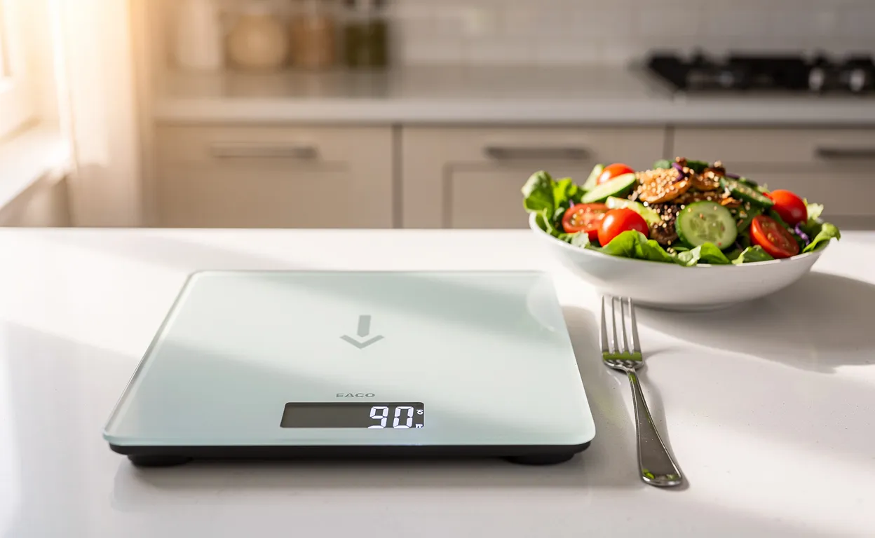 Une balance affiche une légère perte de poids près d'un bol de salade sur un plan de travail de cuisine éclairé par une douce lumière matinale.