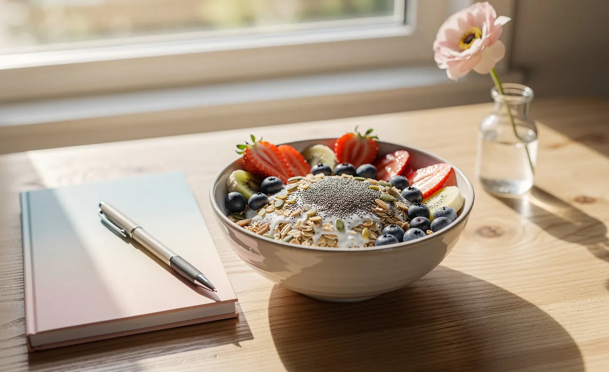 Petit-déjeuner composé d’un bol de muesli aux fruits et graines sur une table en bois baignée de lumière, avec un carnet pastel et une fleur.