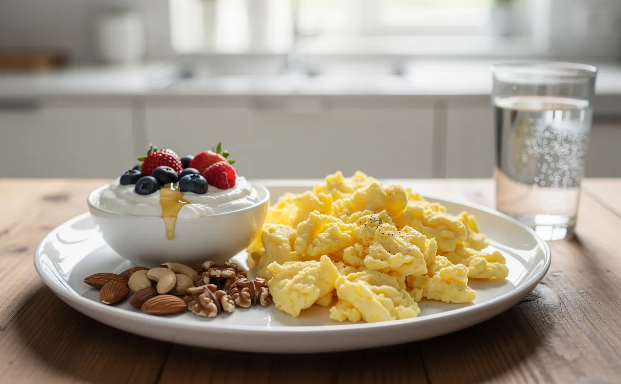 Petit-déjeuner protéiné composé d’œufs brouillés, de yaourt grec aux fruits rouges, de noix et d’un verre d’eau posé sur une table baignée de lumière matinale.