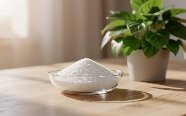 Un bol en verre transparent rempli de poudre blanche de NAC est posé à côté d'une plante verte sur une table en bois éclairée par une lumière naturelle douce.
