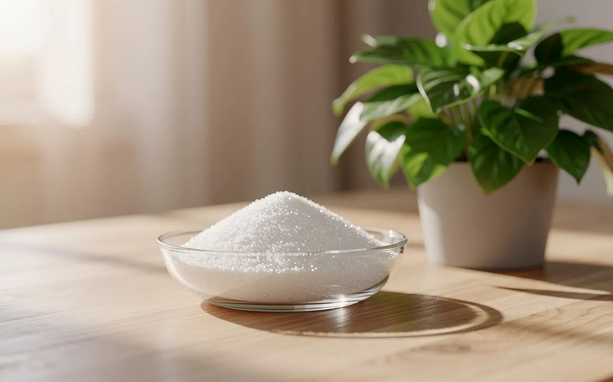 Un bol en verre transparent rempli de poudre blanche de NAC est posé à côté d'une plante verte sur une table en bois éclairée par une lumière naturelle douce.