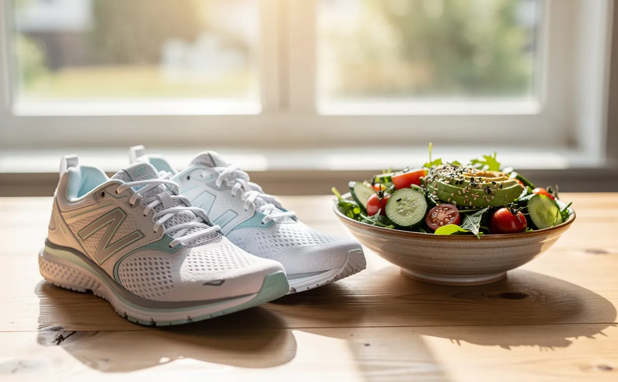 Une paire de chaussures de course et un bol de salade fraîche sont posés sur une table en bois près d’une fenêtre ensoleillée.