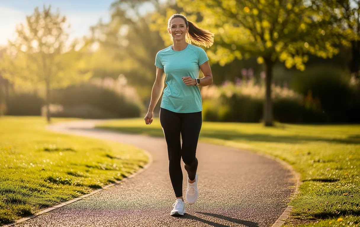 Une femme sportive marche d’un pas vif sur un sentier ensoleillé dans un parc verdoyant, affichant un sourire confiant.