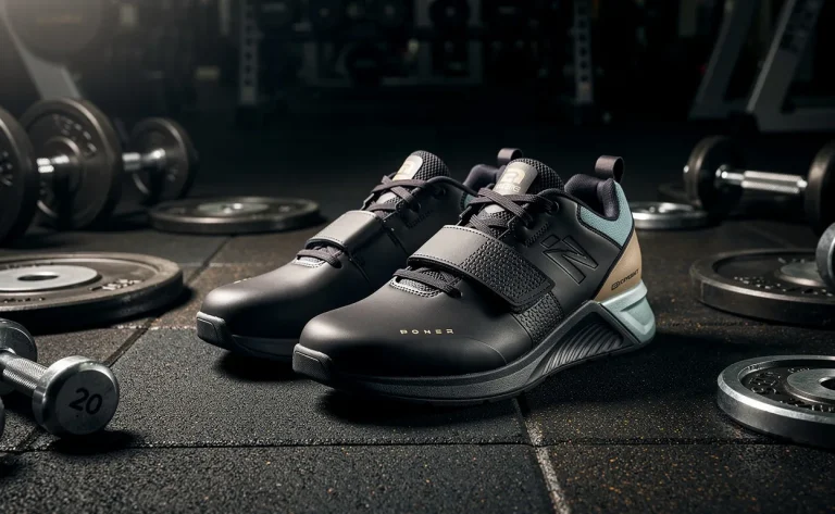 Des chaussures de musculation modernes posées sur un sol de salle de sport entourées d’haltères, éclairées de côté.
