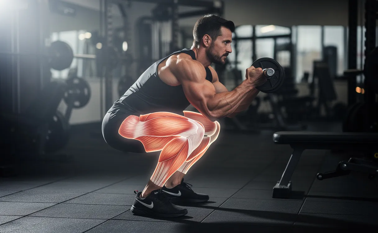 Une personne athlétique effectue un squat dans une salle de sport moderne, avec les principaux muscles sollicités subtilement mis en lumière.