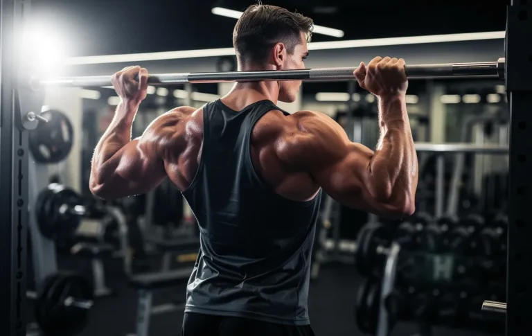 Un jeune homme athlétique réalise une traction en pronation sur une barre métallique dans une salle de sport bien éclairée, exhibant ses muscles du dos et des bras.