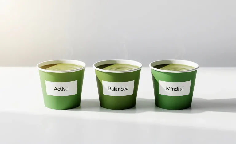 Trois tasses de matcha vert vif alignées sur une table blanche, chacune identifiée selon un style de vie actif, équilibré ou attentif, dans une lumière matinale douce.