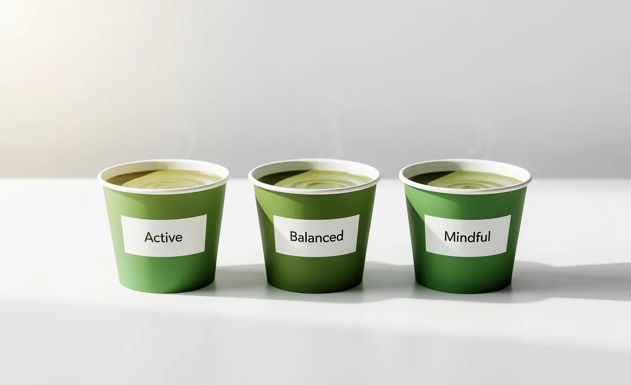 Trois tasses de matcha vert vif alignées sur une table blanche, chacune identifiée selon un style de vie actif, équilibré ou attentif, dans une lumière matinale douce.