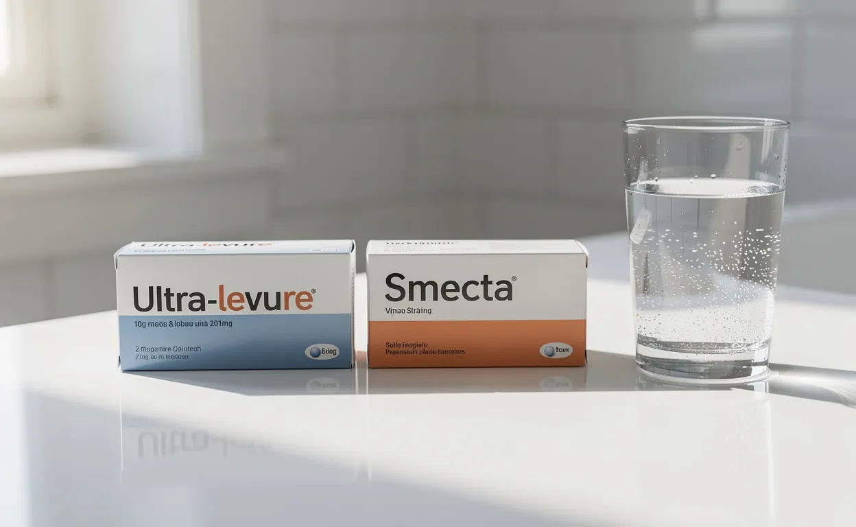 Deux boîtes de médicaments, Ultra-levure et Smecta, sont posées côte à côte sur un comptoir de salle de bain blanc avec un verre d’eau à la lumière du matin.