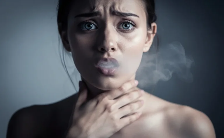 Une jeune femme tient sa gorge en exprimant l’inconfort, tandis qu’une légère brume sort de sa bouche sur un fond flou à dominante froide.