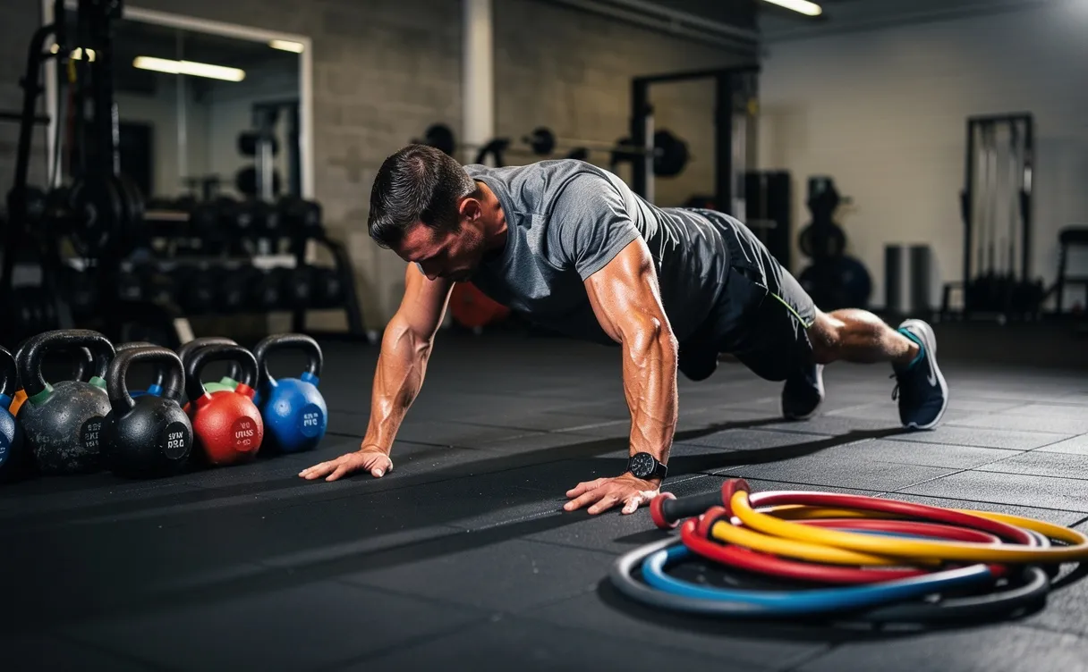 Un athlète en pleine forme réalise un burpee sur un sol de salle de sport, entouré de kettlebells et d’élastiques sous un éclairage dynamique.