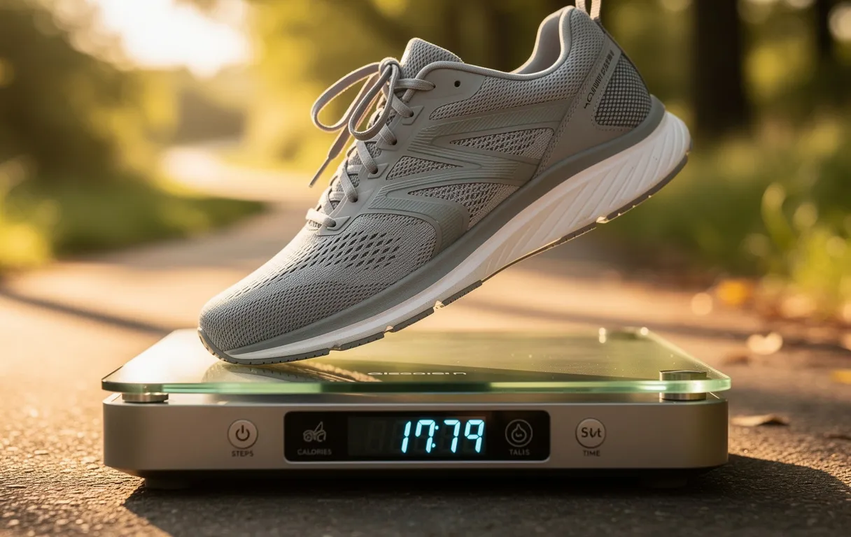 Une chaussure de sport pose sur une balance numérique affichant des calories, sur un chemin ensoleillé entouré de verdure.