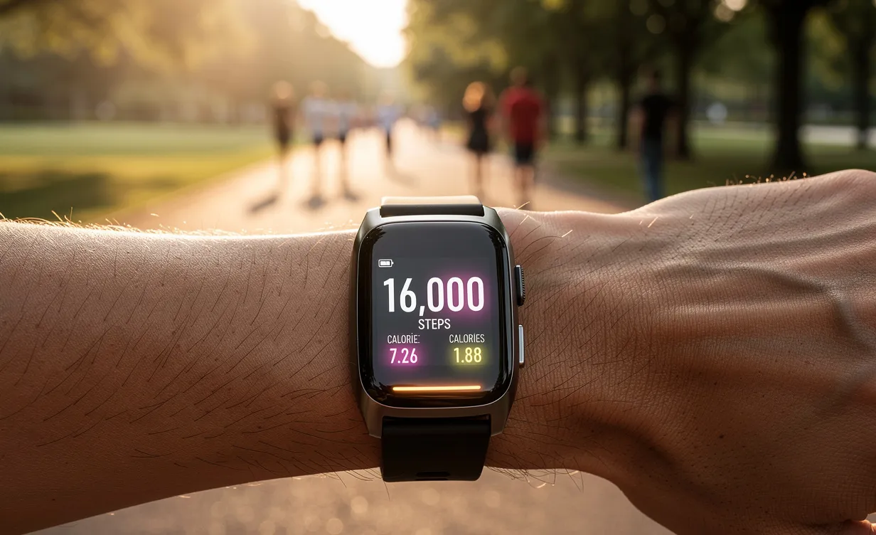 Un bracelet connecté affiche 16 000 pas et des calories sur un poignet, avec en arrière-plan flou des personnes marchant dans un parc au coucher du soleil.