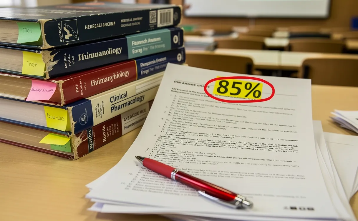 Une pile de manuels médicaux et de feuilles d’examen reposent sur un bureau d’université, avec une moyenne entourée en rouge en haut d’un papier.