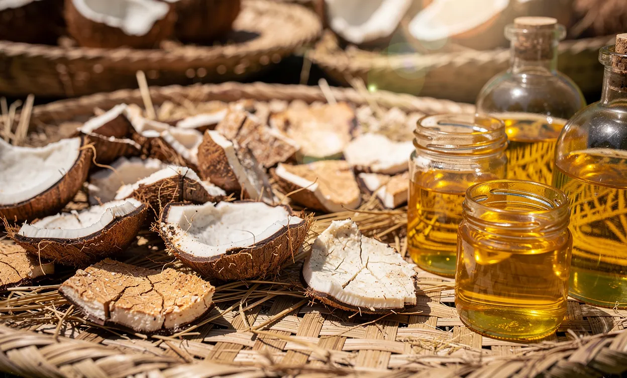 Des morceaux de noix de coco séchés reposent sur des nattes tressées près de bouteilles d’huile de coco dorée sous une lumière tropicale.