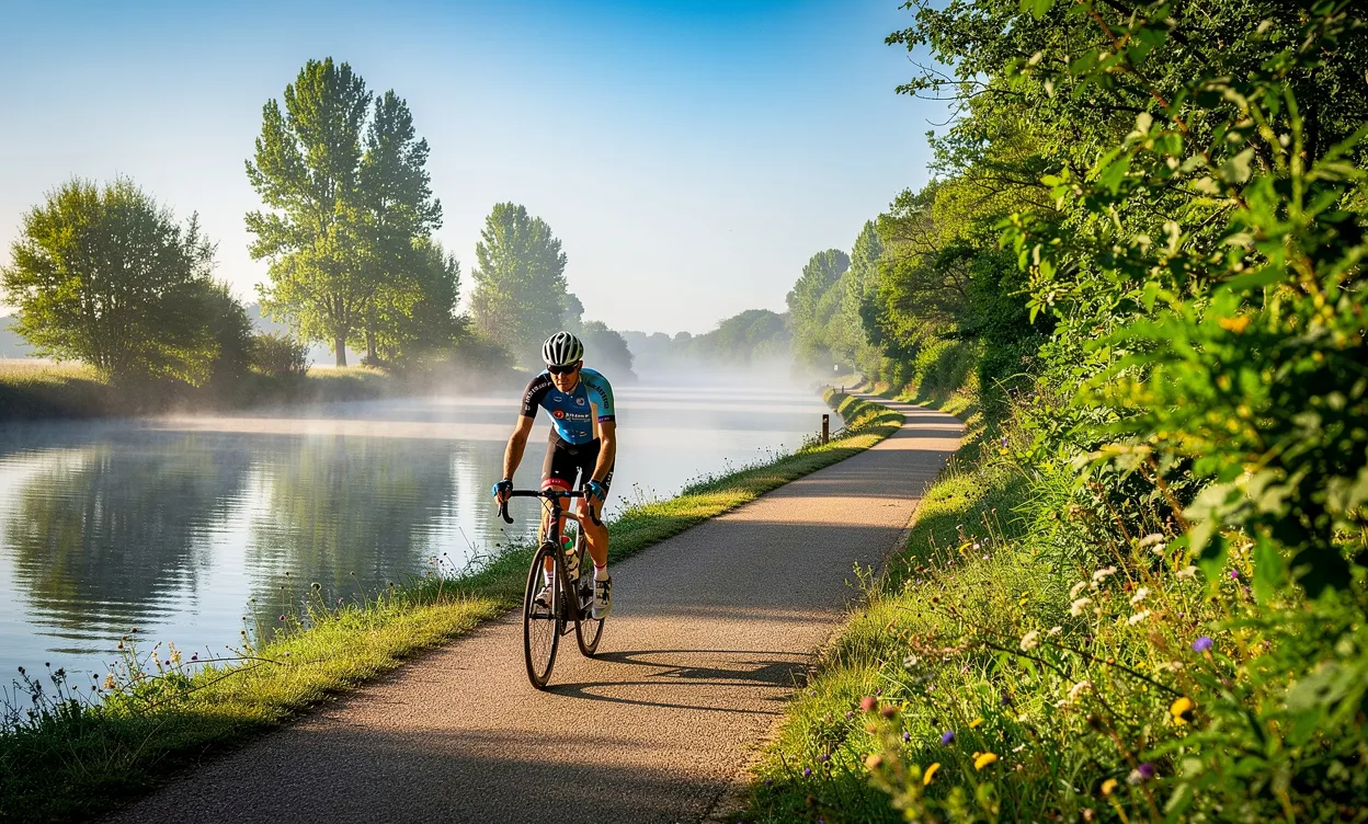 Un cycliste roule le long du canal de Nantes à Brest, entouré d’arbres verdoyants et d’une légère brume au-dessus de l’eau par un matin ensoleillé.