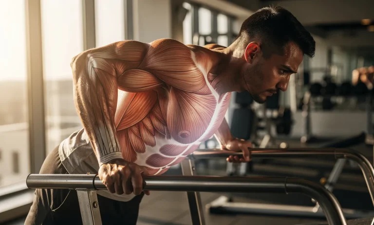 Personne en pleine séance de dips sur barres parallèles dans une salle de sport baignée de lumière, avec les muscles du haut du corps mis en évidence.