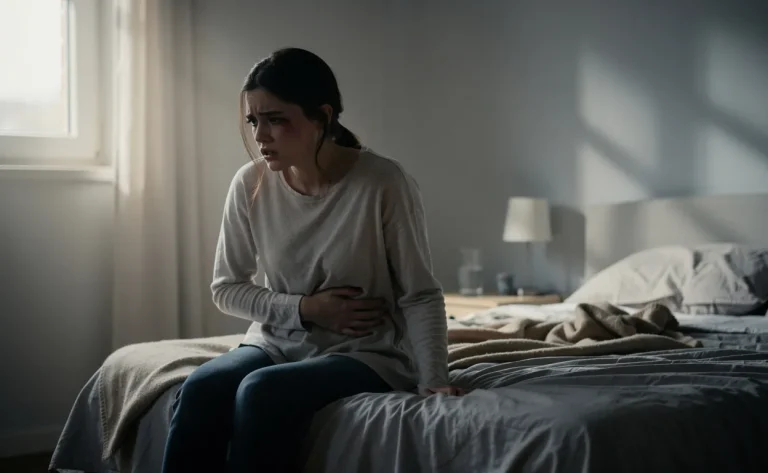 Une jeune femme assise au bord de son lit tient son ventre, le visage marqué par la tristesse et la douleur, dans une lumière douce du matin.