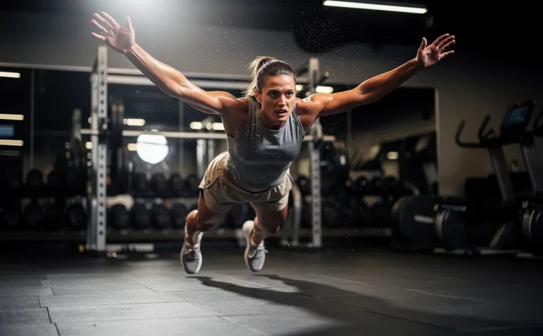 Une personne athlétique effectue un burpee en salle de sport, muscles tendus et gouttes de sueur visibles.