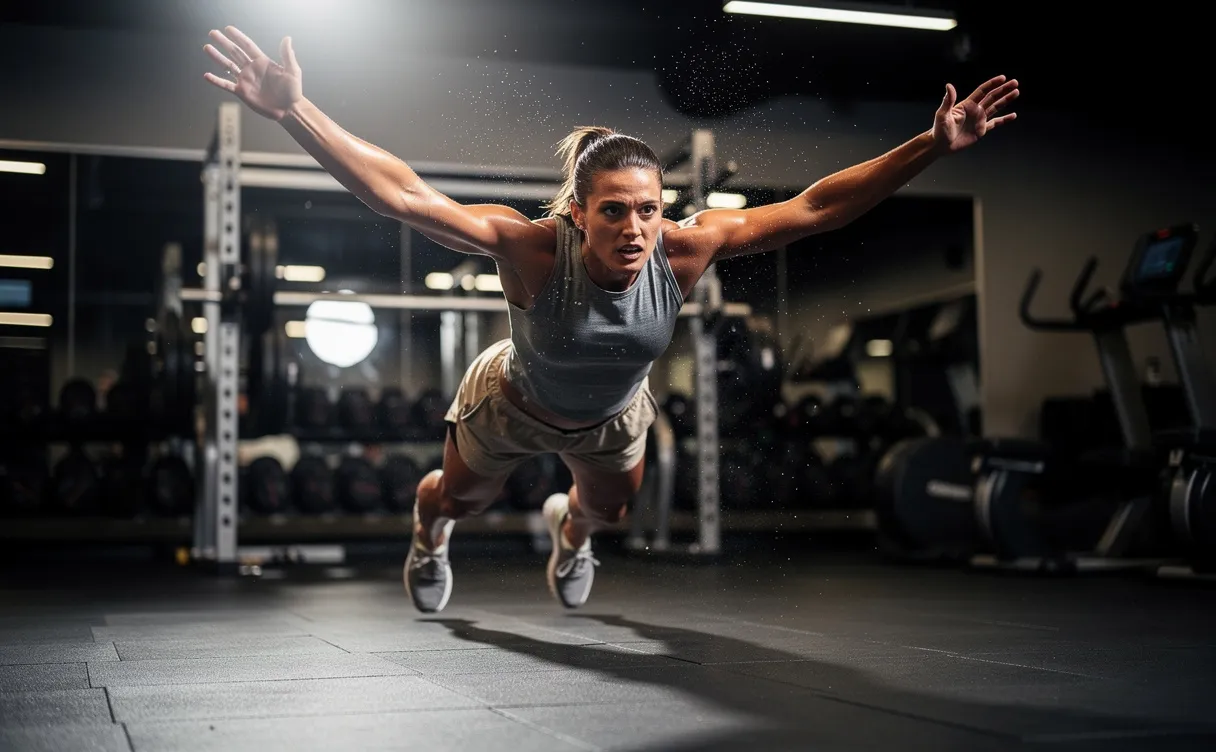 Une personne athlétique effectue un burpee en salle de sport, muscles tendus et gouttes de sueur visibles.