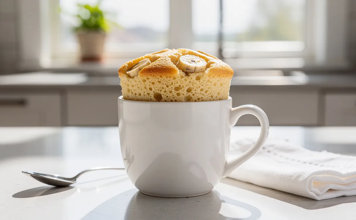 Un gâteau banane aérien dans une tasse blanche posé sur un plan de travail éclairé par la lumière du matin.