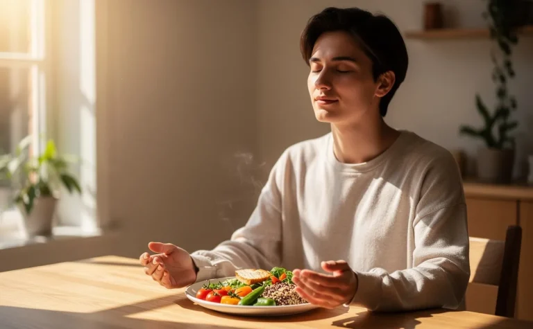 Une personne assise seule à une table baignée de lumière naturelle ferme les yeux devant un repas coloré, dans une atmosphère paisible.