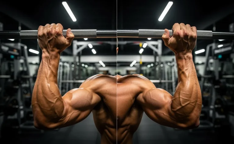 Personne musclée tenant une barre de traction avec les deux mains en prise pronation et supination dans une salle de sport moderne à la lumière contrastée.