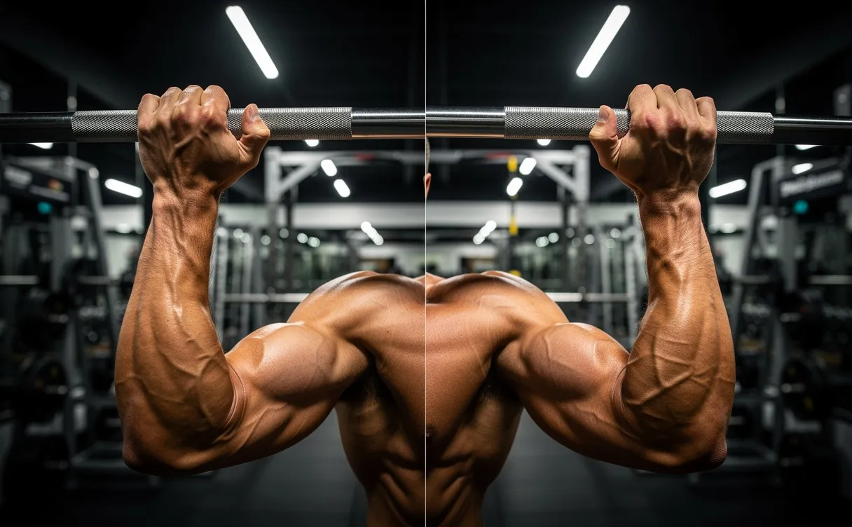 Personne musclée tenant une barre de traction avec les deux mains en prise pronation et supination dans une salle de sport moderne à la lumière contrastée.