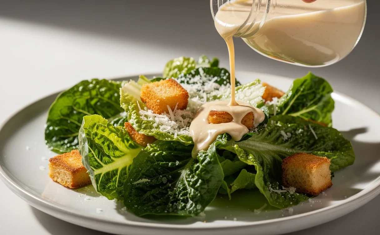 Une salade César classique sur une assiette blanche avec de la sauce versée depuis un petit bocal en verre sur des feuilles croquantes.
