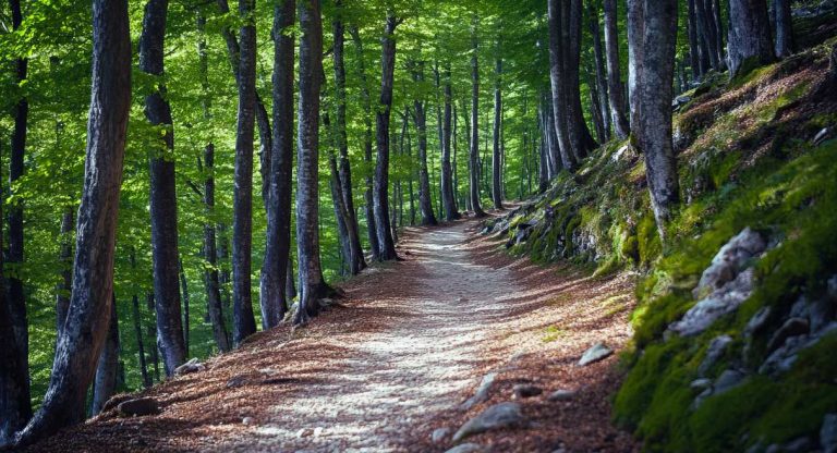 Sentier de randonnée éclairé par le soleil traversant une forêt